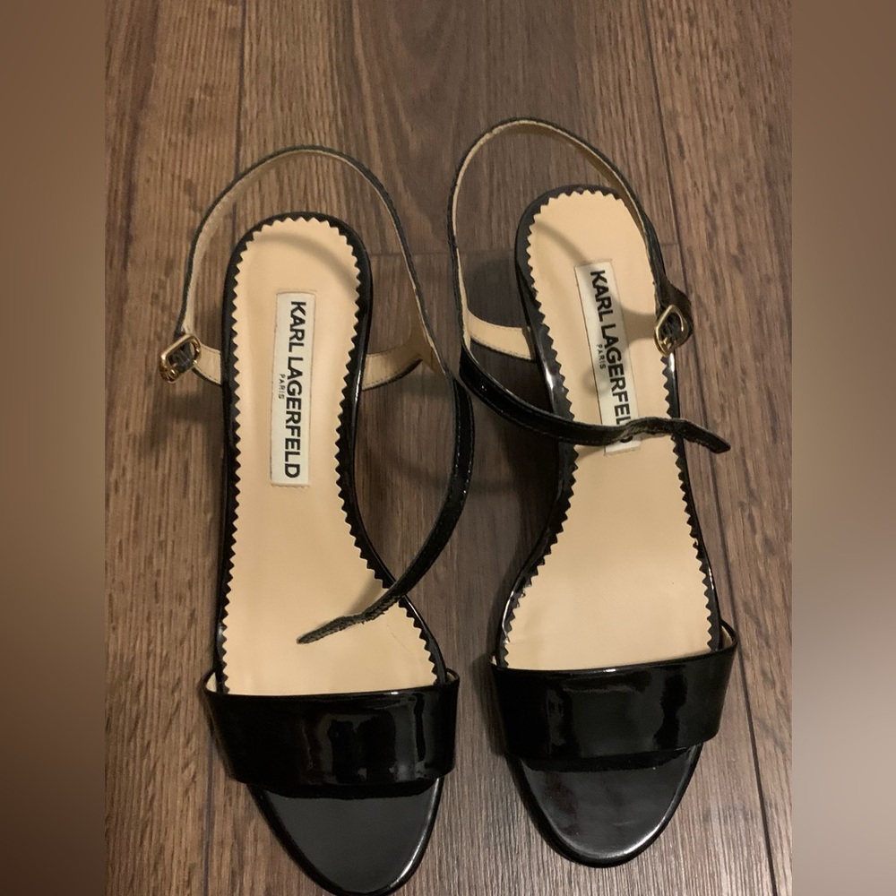 Karl Lagerfeld Black Women's Sandals, Patent Leather, size 6.5